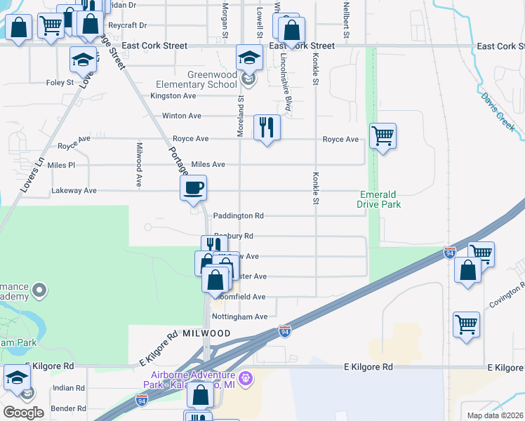 map of restaurants, bars, coffee shops, grocery stores, and more near 1827 Paddington Road in Kalamazoo