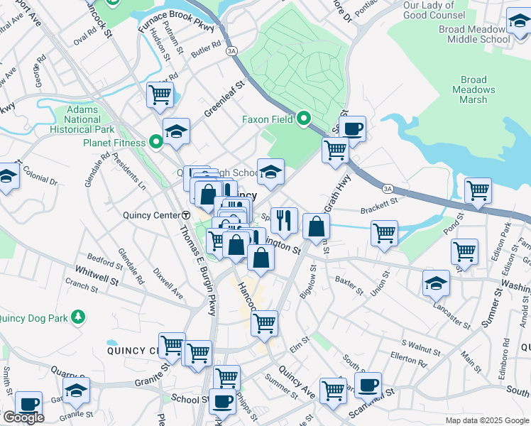 map of restaurants, bars, coffee shops, grocery stores, and more near 8 Spear Street in Quincy