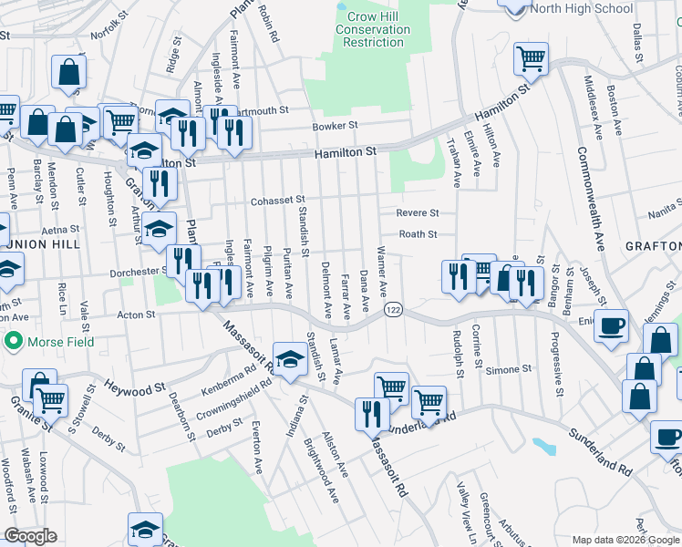 map of restaurants, bars, coffee shops, grocery stores, and more near 116 Farrar Avenue in Worcester