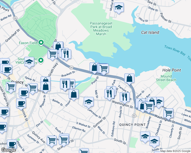 map of restaurants, bars, coffee shops, grocery stores, and more near 625 Southern Artery in Quincy