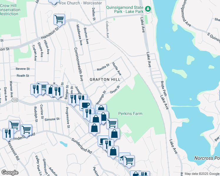map of restaurants, bars, coffee shops, grocery stores, and more near 58 Jennings Street in Worcester