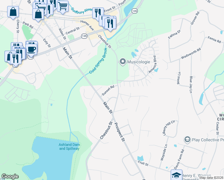 map of restaurants, bars, coffee shops, grocery stores, and more near 19 Sunset Road in Ashland