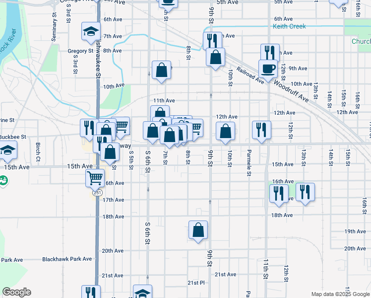 map of restaurants, bars, coffee shops, grocery stores, and more near 1141 Broadway in Rockford