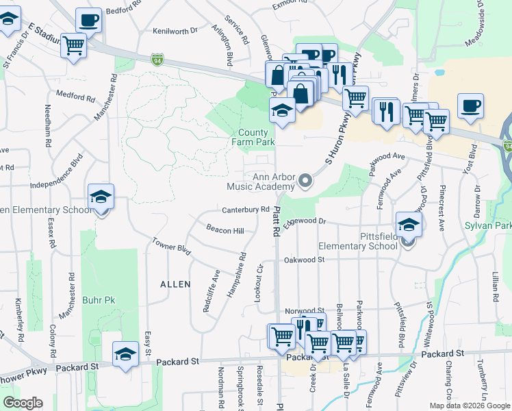 map of restaurants, bars, coffee shops, grocery stores, and more near 2851 Canterbury Road in Ann Arbor
