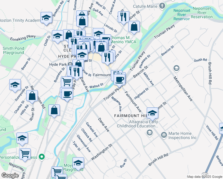 map of restaurants, bars, coffee shops, grocery stores, and more near 715 Truman Parkway in Boston