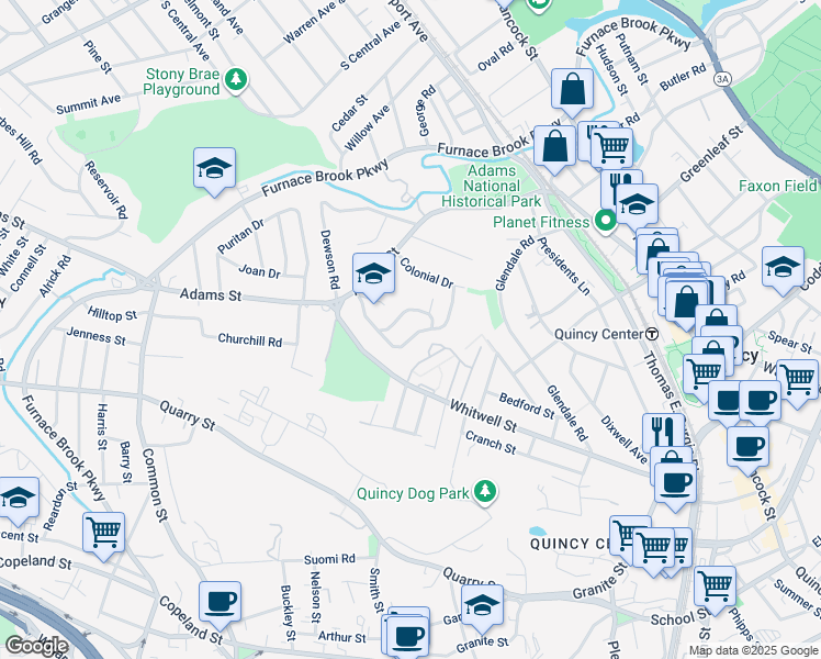 map of restaurants, bars, coffee shops, grocery stores, and more near 85 Colonial Drive in Quincy