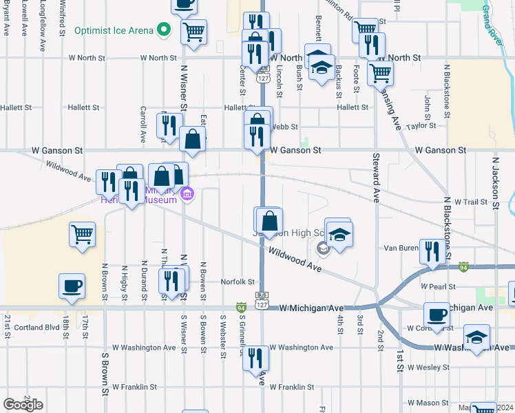 map of restaurants, bars, coffee shops, grocery stores, and more near 412 North West Avenue in Jackson