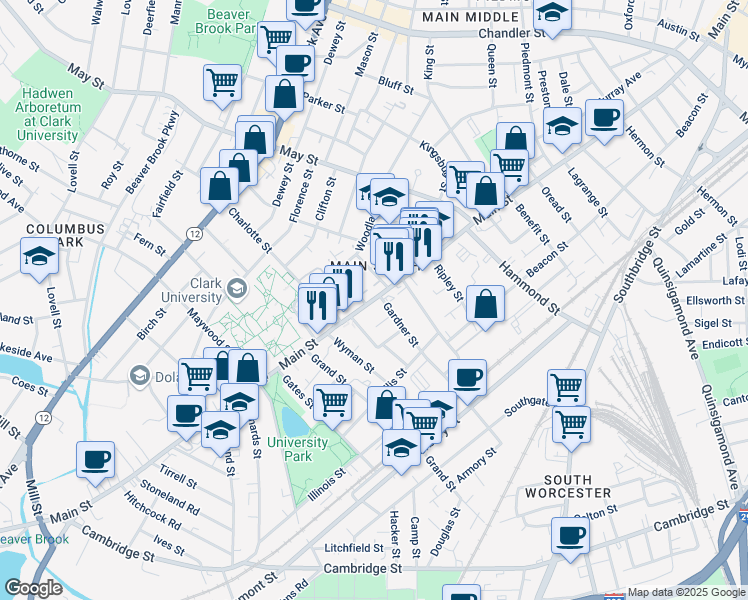 map of restaurants, bars, coffee shops, grocery stores, and more near 950 Main Street in Worcester