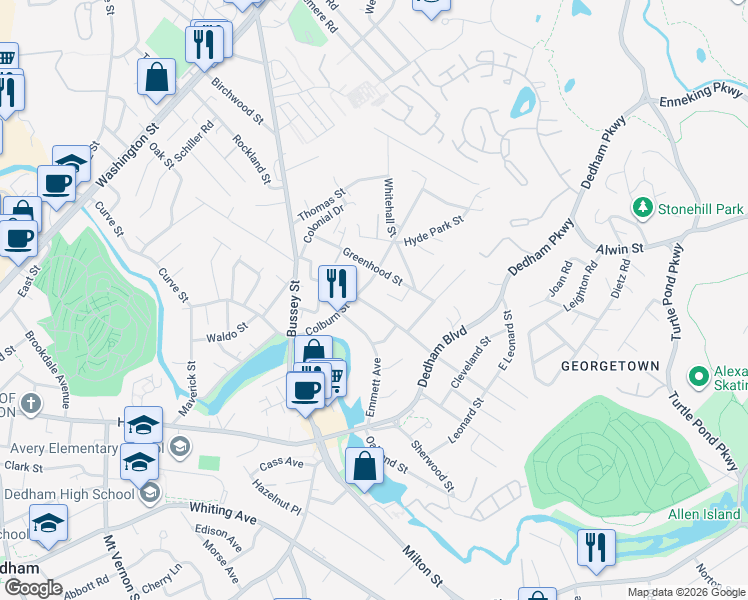 map of restaurants, bars, coffee shops, grocery stores, and more near 146 Colburn Street in Dedham