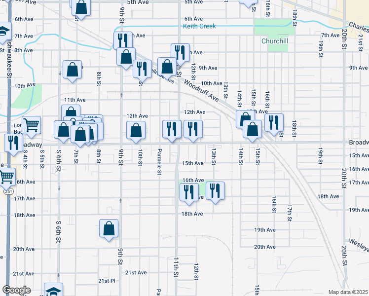 map of restaurants, bars, coffee shops, grocery stores, and more near 1601 Broadway in Rockford