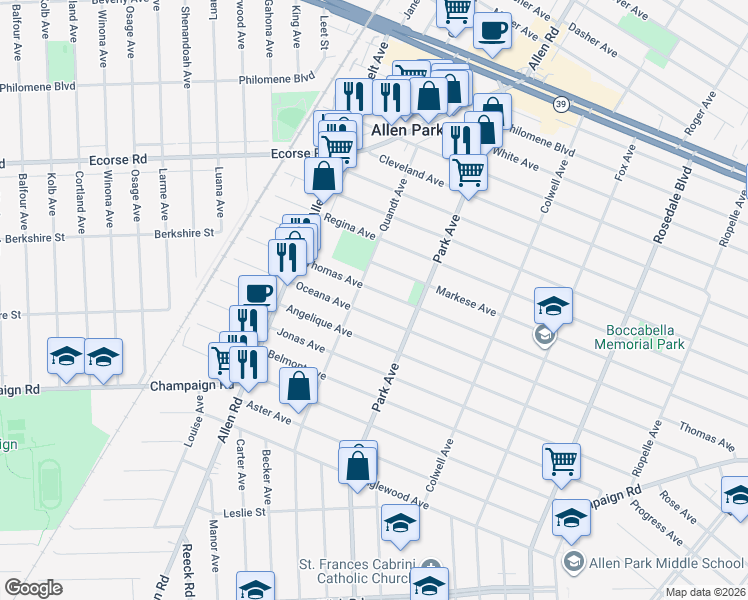 map of restaurants, bars, coffee shops, grocery stores, and more near 15593 Thomas Avenue in Allen Park