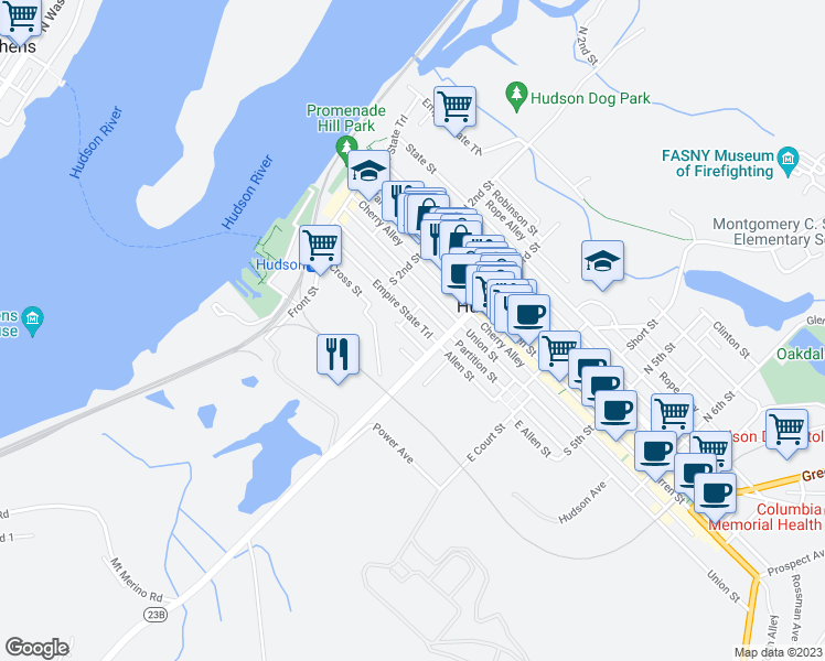 map of restaurants, bars, coffee shops, grocery stores, and more near 237 Allen Street in Hudson