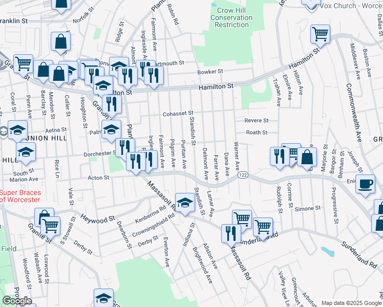map of restaurants, bars, coffee shops, grocery stores, and more near 50 Standish Street in Worcester