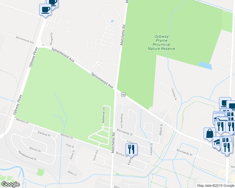 map of restaurants, bars, coffee shops, grocery stores, and more near 1305 Sprucewood Avenue in Windsor