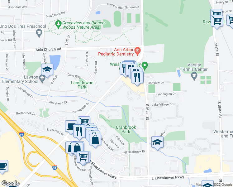 map of restaurants, bars, coffee shops, grocery stores, and more near 233 Fieldcrest Street in Ann Arbor