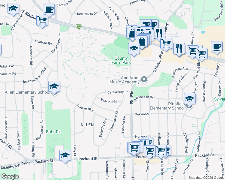 map of restaurants, bars, coffee shops, grocery stores, and more near 2821 Canterbury Road in Ann Arbor