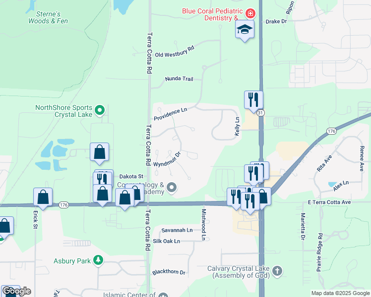 map of restaurants, bars, coffee shops, grocery stores, and more near 742 Norwich Court in Crystal Lake