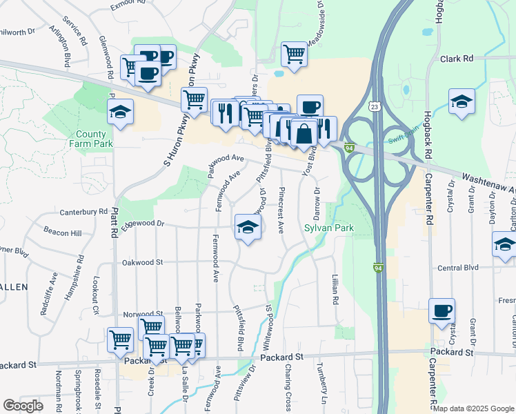 map of restaurants, bars, coffee shops, grocery stores, and more near 3512 Carolyn Street in Ann Arbor
