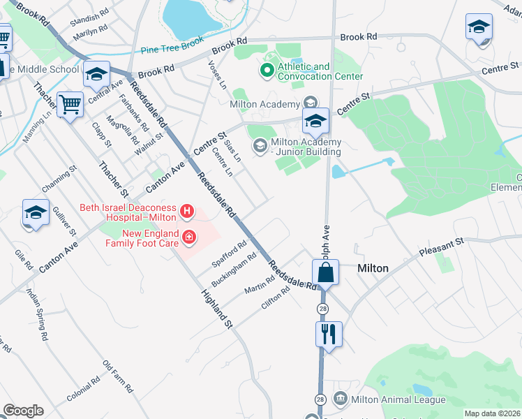 map of restaurants, bars, coffee shops, grocery stores, and more near 27 Coolidge Road in Milton