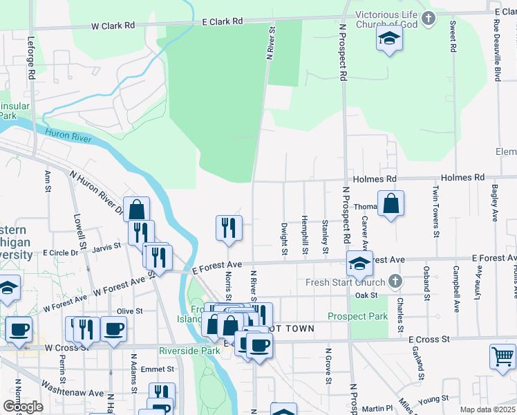 map of restaurants, bars, coffee shops, grocery stores, and more near 812 North River Street in Ypsilanti