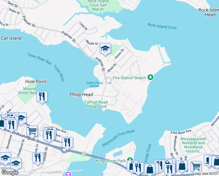 map of restaurants, bars, coffee shops, grocery stores, and more near 9 Bicknell Street in Quincy