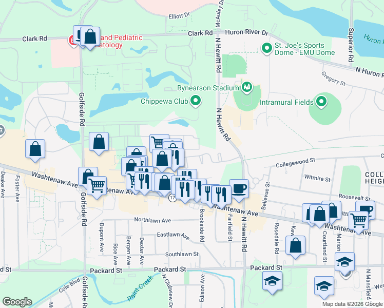 map of restaurants, bars, coffee shops, grocery stores, and more near 2658 Stadium View Drive in Ypsilanti