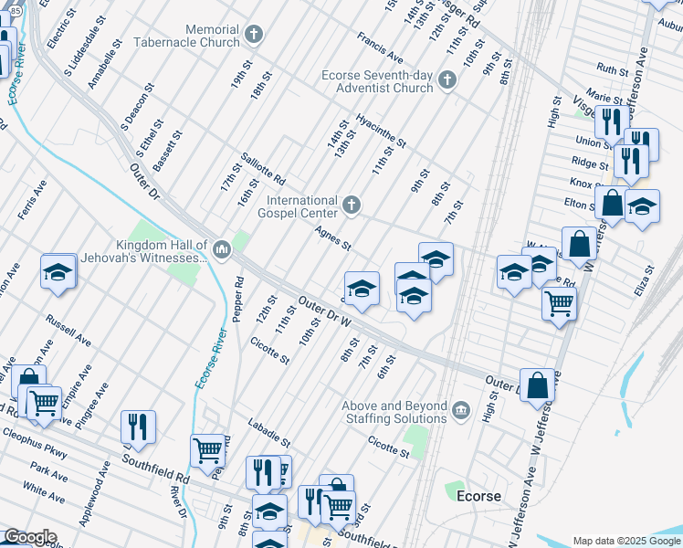 map of restaurants, bars, coffee shops, grocery stores, and more near 4153 10th Street in Ecorse