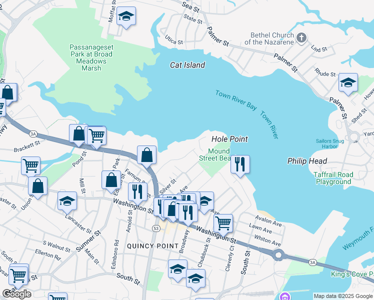 map of restaurants, bars, coffee shops, grocery stores, and more near 200 Cove Way in Quincy