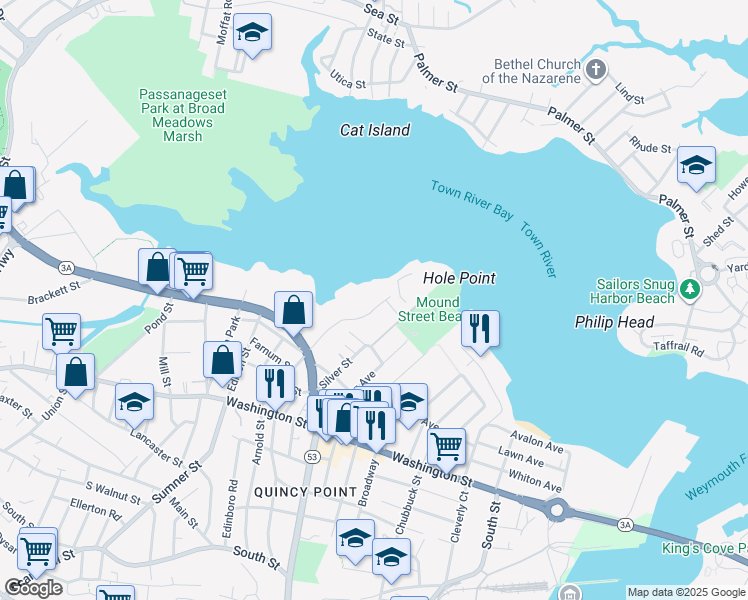 map of restaurants, bars, coffee shops, grocery stores, and more near 200 Cove Way in Quincy