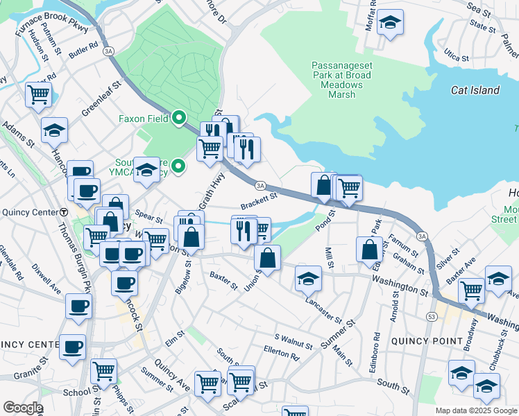 map of restaurants, bars, coffee shops, grocery stores, and more near 71 Brackett Street in Quincy