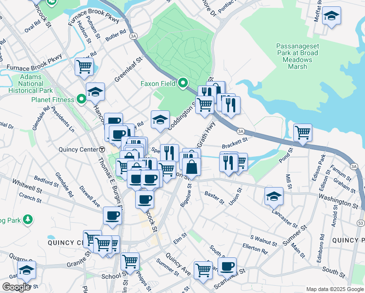 map of restaurants, bars, coffee shops, grocery stores, and more near 51 Newcomb Street in Quincy