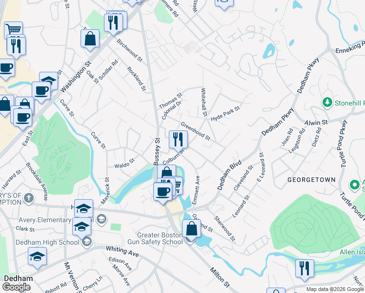map of restaurants, bars, coffee shops, grocery stores, and more near 146 Colburn Street in Dedham
