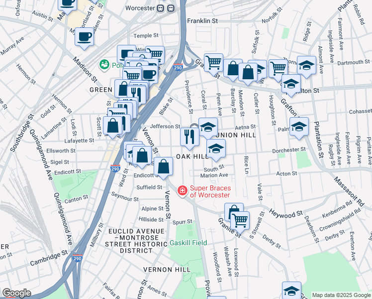 map of restaurants, bars, coffee shops, grocery stores, and more near in Worcester