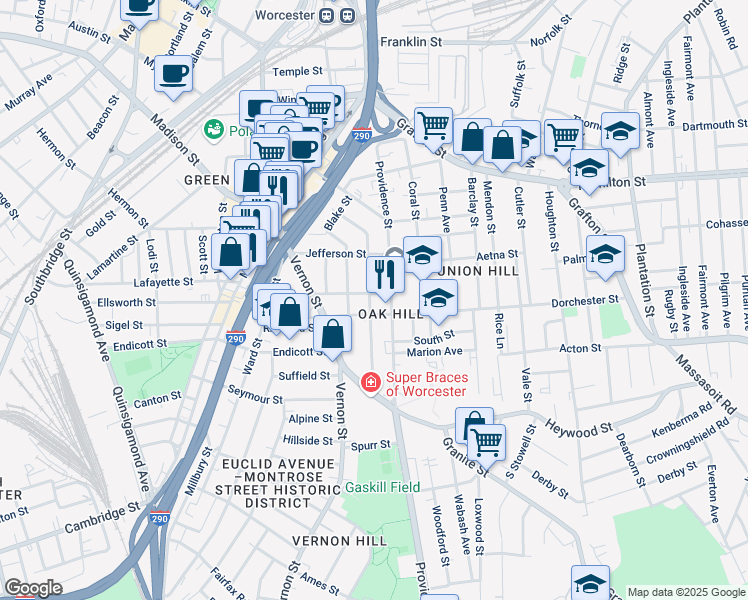 map of restaurants, bars, coffee shops, grocery stores, and more near in Worcester