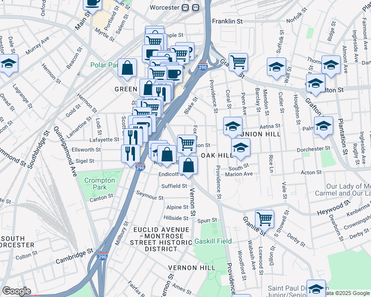 map of restaurants, bars, coffee shops, grocery stores, and more near 42 Vernon Street in Worcester