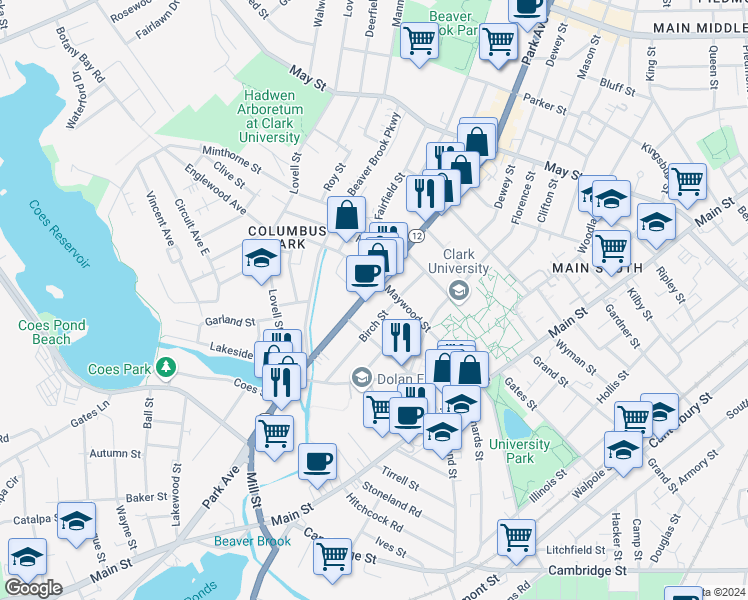 map of restaurants, bars, coffee shops, grocery stores, and more near 36 Birch Street in Worcester
