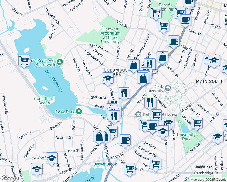 map of restaurants, bars, coffee shops, grocery stores, and more near 76 Lovell Street in Worcester