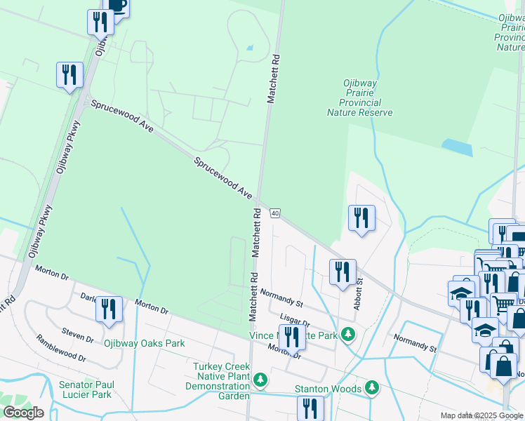 map of restaurants, bars, coffee shops, grocery stores, and more near 1305 Sprucewood Avenue in Windsor