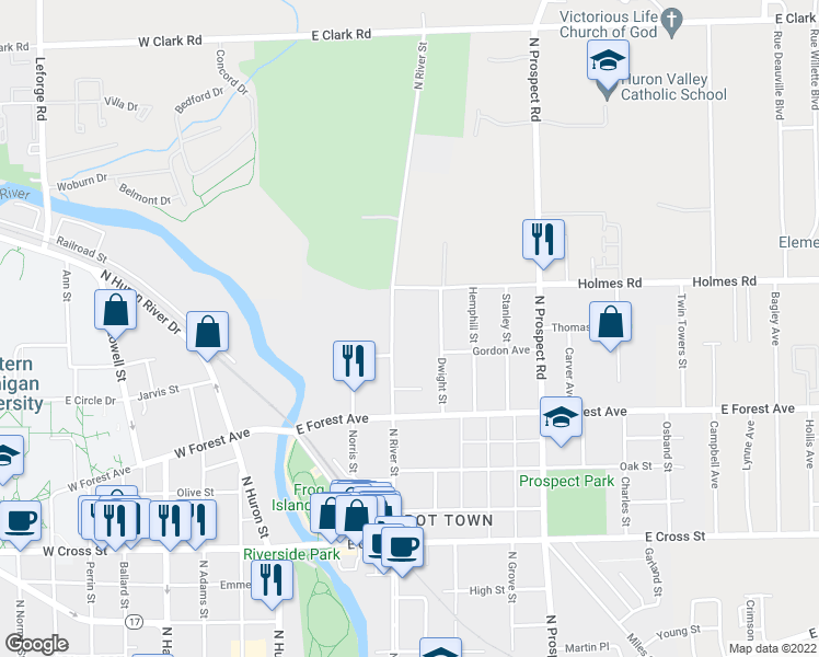 map of restaurants, bars, coffee shops, grocery stores, and more near 810 North River Street in Ypsilanti