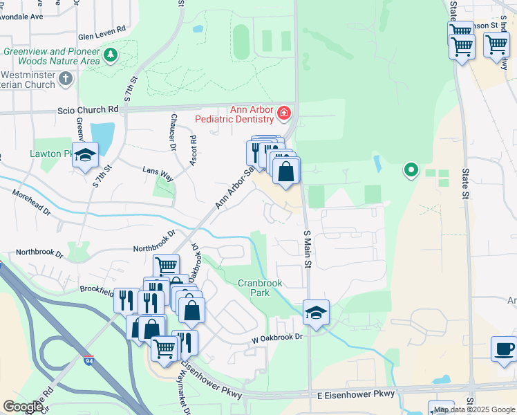 map of restaurants, bars, coffee shops, grocery stores, and more near 125 Fieldcrest Street in Ann Arbor