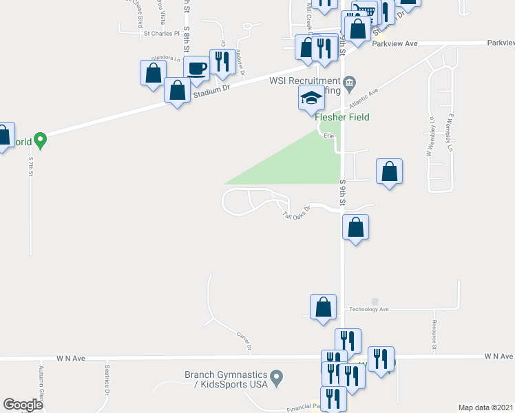 map of restaurants, bars, coffee shops, grocery stores, and more near 6675 Tall Oaks Drive in Kalamazoo