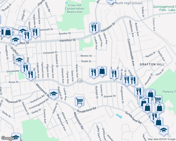 map of restaurants, bars, coffee shops, grocery stores, and more near 16 Emile Street in Worcester