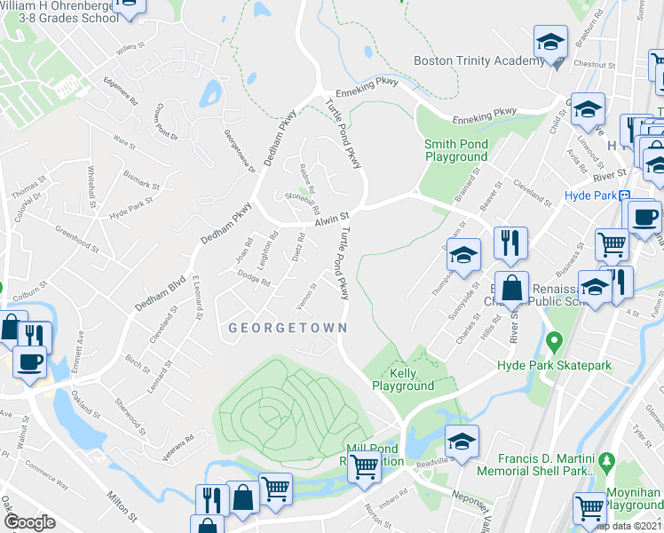 map of restaurants, bars, coffee shops, grocery stores, and more near 200 Turtle Pond Parkway in Boston