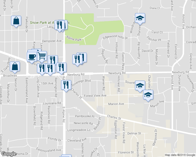 map of restaurants, bars, coffee shops, grocery stores, and more near 4502 Sovereign Boulevard in Rockford