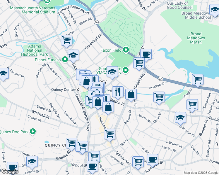 map of restaurants, bars, coffee shops, grocery stores, and more near 8 Spear Street in Quincy