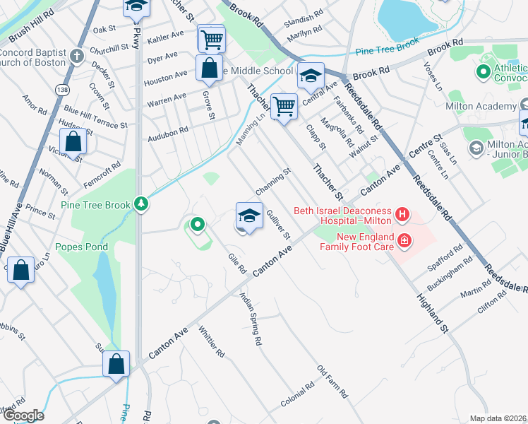 map of restaurants, bars, coffee shops, grocery stores, and more near 56 Gulliver Street in Milton