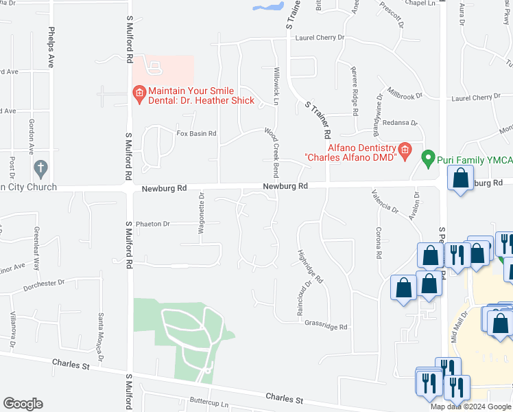 map of restaurants, bars, coffee shops, grocery stores, and more near 6401 Newburg Road in Rockford