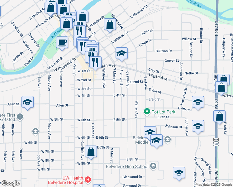 map of restaurants, bars, coffee shops, grocery stores, and more near 824 South Main Street in Belvidere