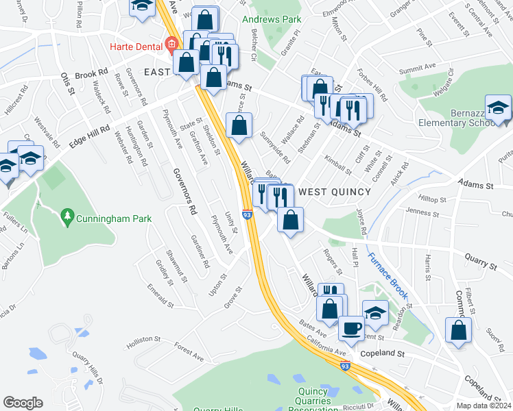 map of restaurants, bars, coffee shops, grocery stores, and more near 97 Willard Street in Quincy
