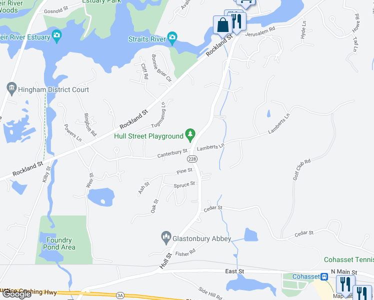 map of restaurants, bars, coffee shops, grocery stores, and more near 94 Canterbury Street in Hingham